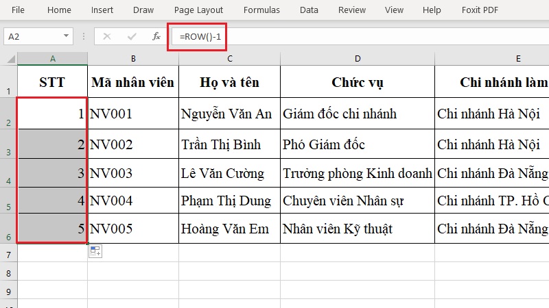 Kéo công thức =ROW()-1 để đánh số thứ tự tự động trong Excel bước 2 Kéo công thức =ROW()-1 để đánh số thứ tự tự động trong Excel bước 2