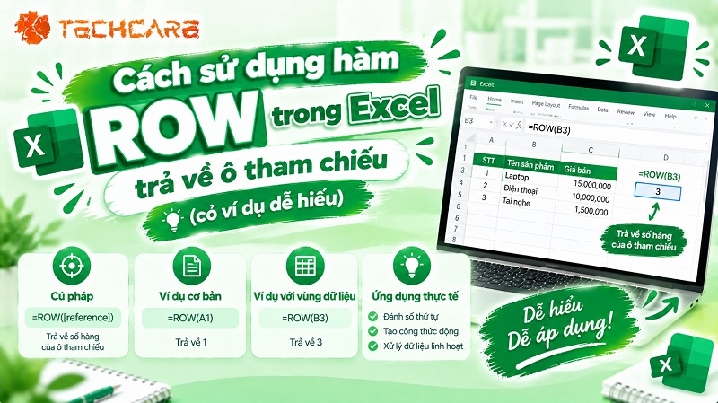 Cách sử dụng hàm ROW trong Excel trả về ô tham chiếu (có ví dụ dễ hiểu)