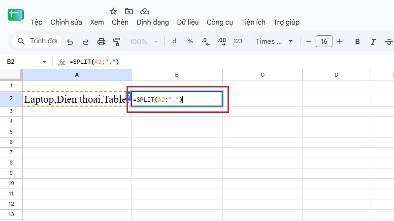 Nhập công thức =SPLIT(A2; ",") để tách dữ liệu theo dấu phẩy Nhập công thức =SPLIT(A2; ",") để tách dữ liệu theo dấu phẩy