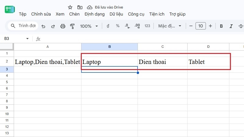 Kết quả hàm SPLIT tách ba thiết bị nằm vào ba ô riêng Kết quả hàm SPLIT tách ba thiết bị nằm vào ba ô riêng