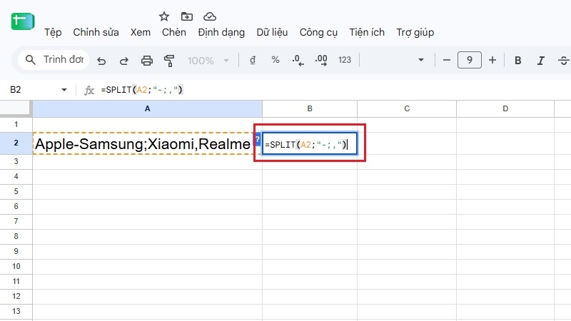 Nhập công thức =SPLIT(A2; "-;,") để tách khi có nhiều loại dấu lẫn lộn Nhập công thức =SPLIT(A2; "-;,") để tách khi có nhiều loại dấu lẫn lộn