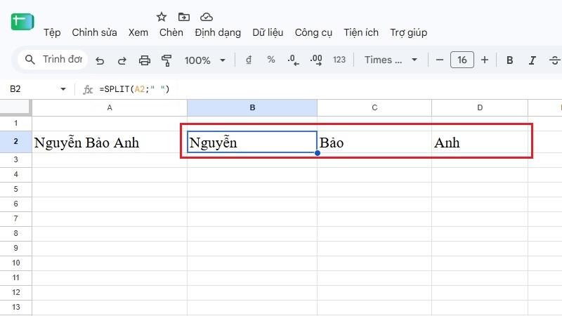 Kết quả hàm SPLIT tách họ tên thành 3 ô riêng Kết quả hàm SPLIT tách họ tên thành 3 ô riêng