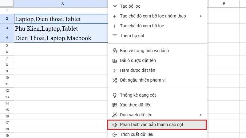 Nhấn vào Phân tách văn bản thành các cột Nhấn vào Phân tách văn bản thành các cột