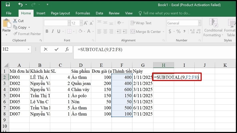 Cách dùng hàm SUBTOTAL tính tổng