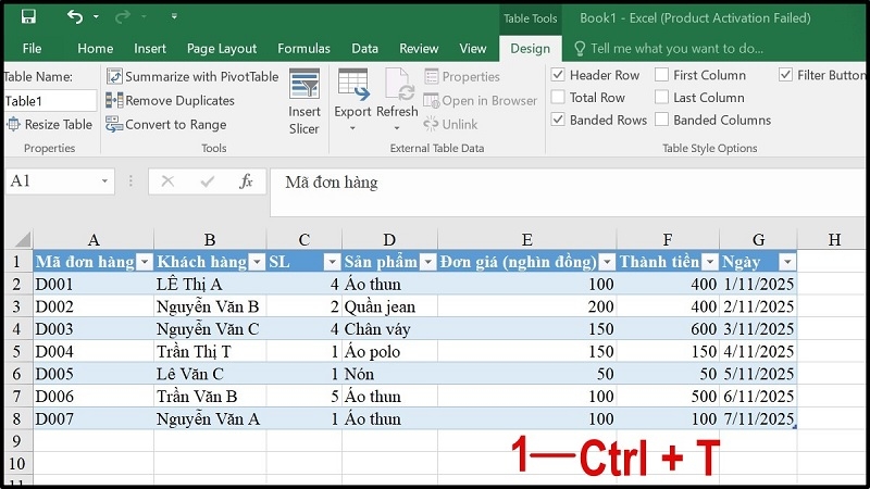 Kết hợp SUBTOTAL với AutoFilter và Table bước 1
