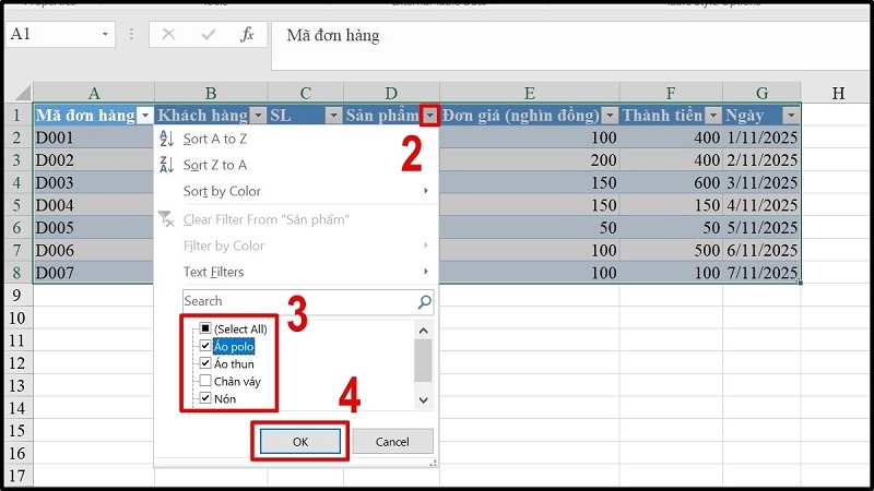 Kết hợp SUBTOTAL với AutoFilter và Table bước 2