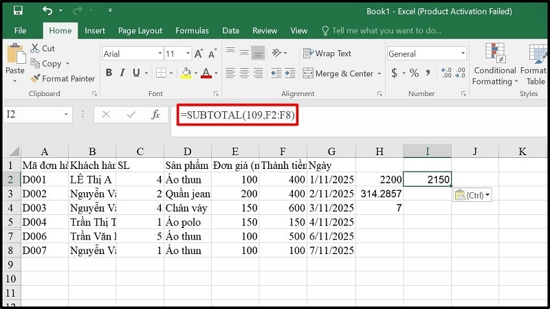 Hàm SUBTOTAL bỏ qua dòng ẩn với mã 109