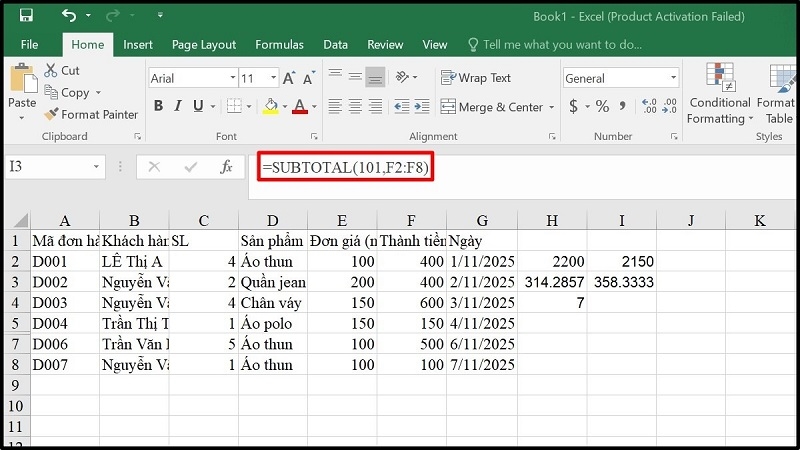 Hàm SUBTOTAL bỏ qua dòng ẩn với mã 101