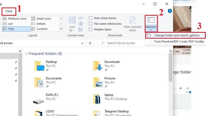 Vào tab View chọn Options trong File Explorer Vào tab View chọn Options trong File Explorer