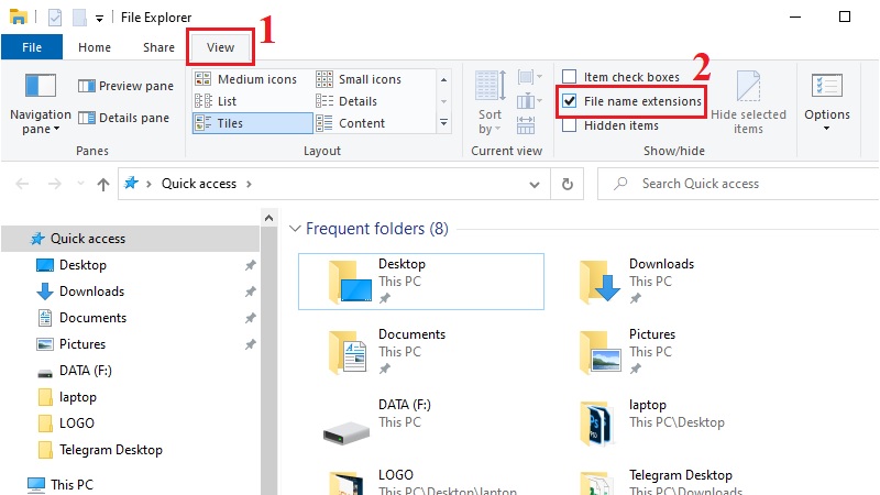 Tick chọn File name extensions để hiện đuôi file Tick chọn File name extensions để hiện đuôi file