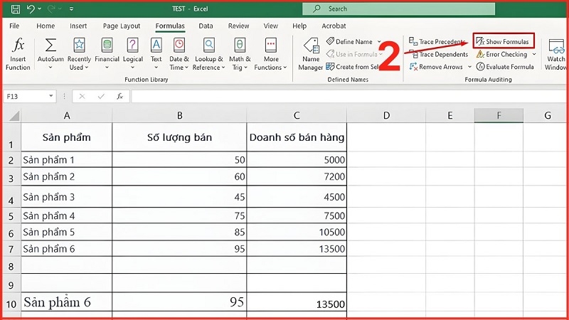 Dùng lệnh "Show Formulas" trên thanh công cụ