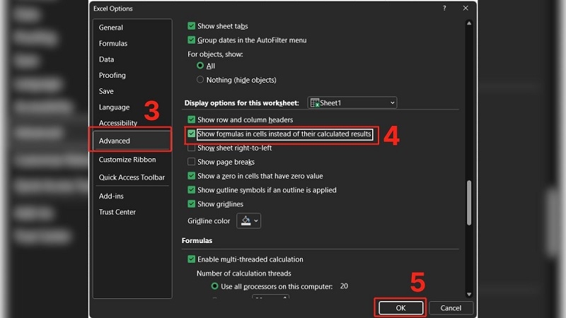 Qua cài đặt Excel Options