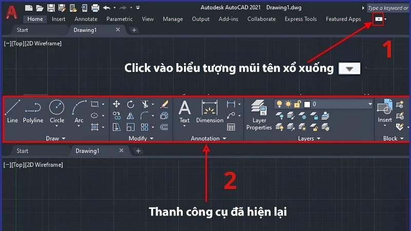 Vị trí mũi tên nhỏ để mở thanh công cụ trên giao diện AutoCAD Vị trí mũi tên nhỏ để mở thanh công cụ trên giao diện AutoCAD