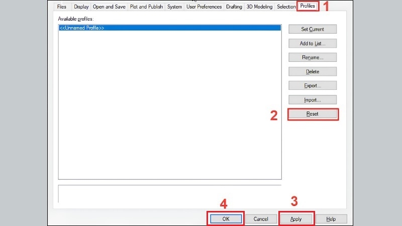Reset lại Profile trong mục options bước 2 Reset lại Profile trong mục options bước 2