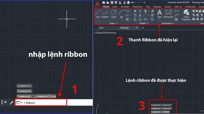 Gõ lệnh ribbon vào Command line Gõ lệnh ribbon vào Command line