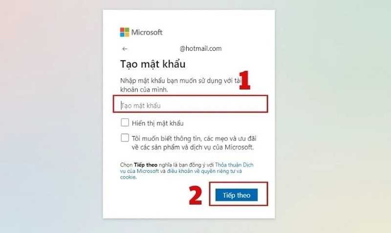 Nhập mật khẩu muốn đặt cho tài khoản hotmail