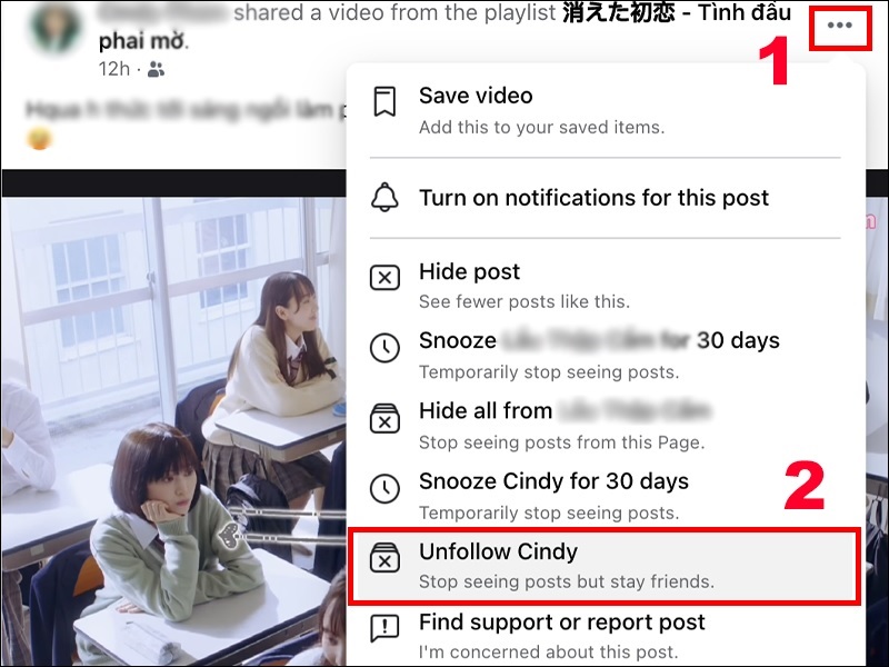 Chọn vào mục Unfollow [Tên người, nhóm hoặc trang]
