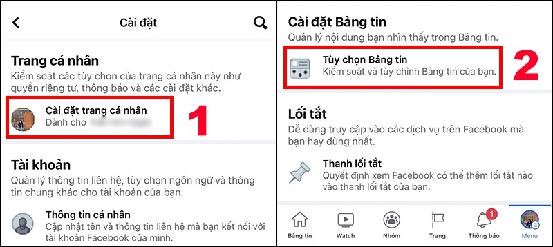 Chọn vào mục Tùy chọn bảng tin
