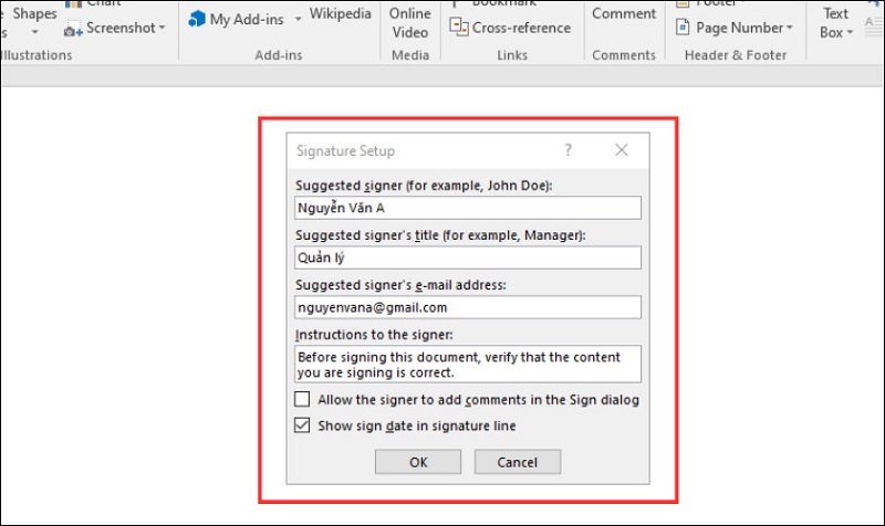Hộp thoại Signature sẽ được hiển thị