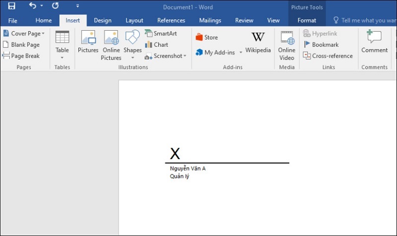 Hình ảnh của chữ ký được hiển thị với con trỏ chuột
