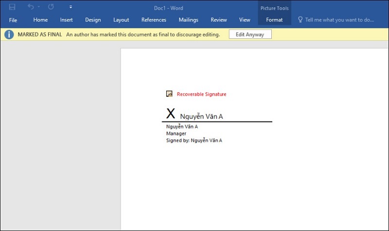 Một chữ ký Digital được chèn vào bản Word