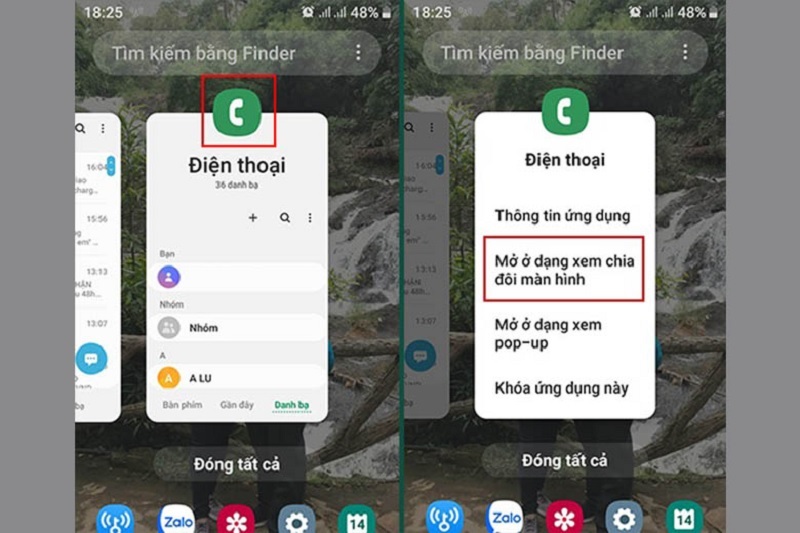 Chọn vào mục Mở ở dạng xem chia đôi màn hình