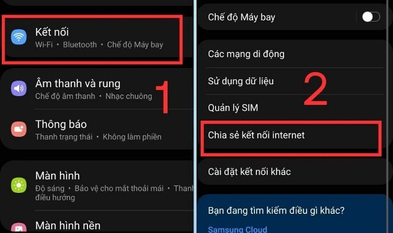 Chọn Chia sẻ kết nối Internet
