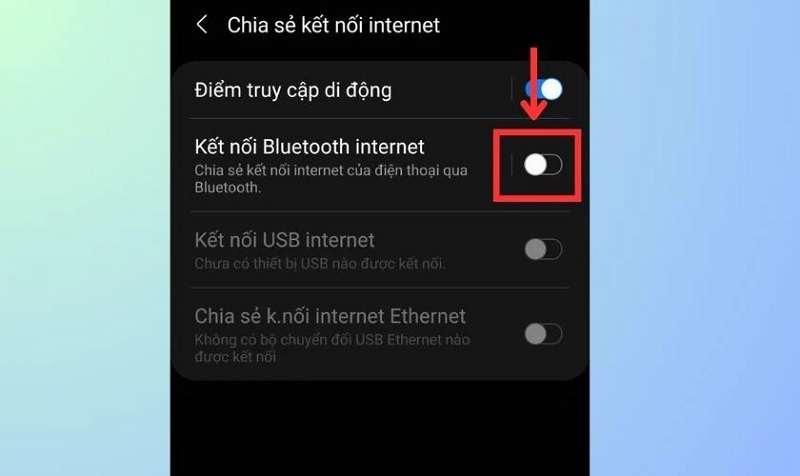 Gạt thanh trượt ở mục Kết nối Bluetooth Internet sang phải