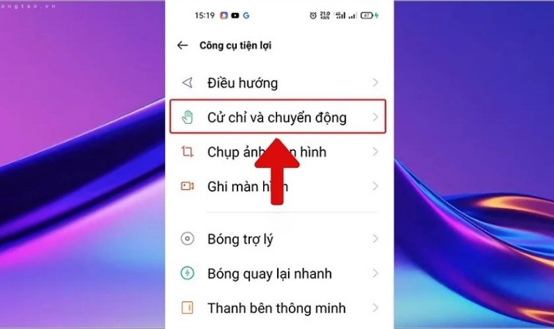 Chọn vào mục Cử chỉ và Chuyển động