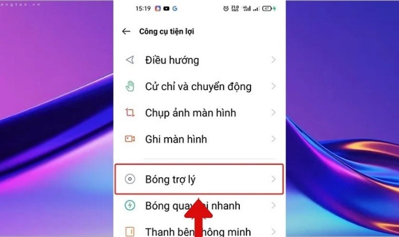 Chọn vào mục Bóng trợ lý