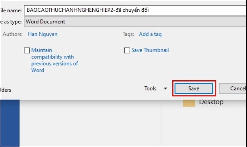Nhấn vào nút Save