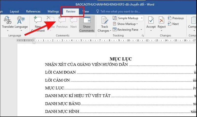 Chọn vào thẻ Review