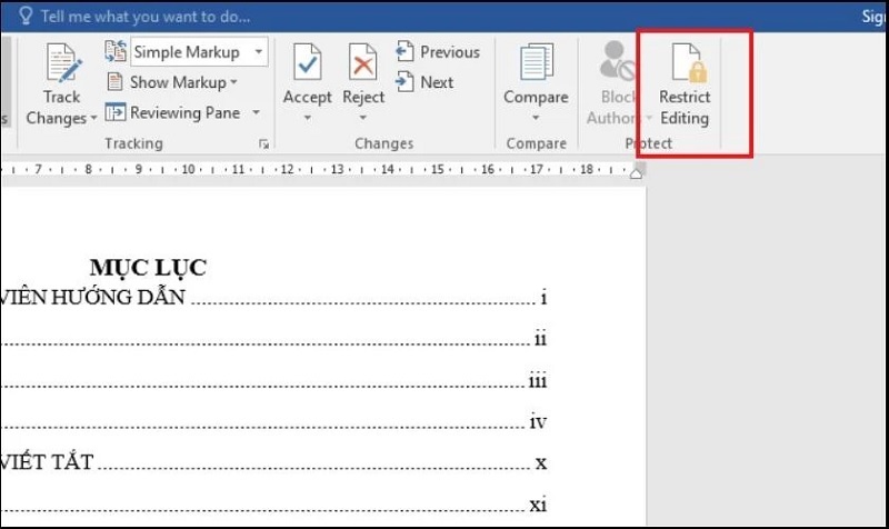 Chọn vào mục Restrict Editing