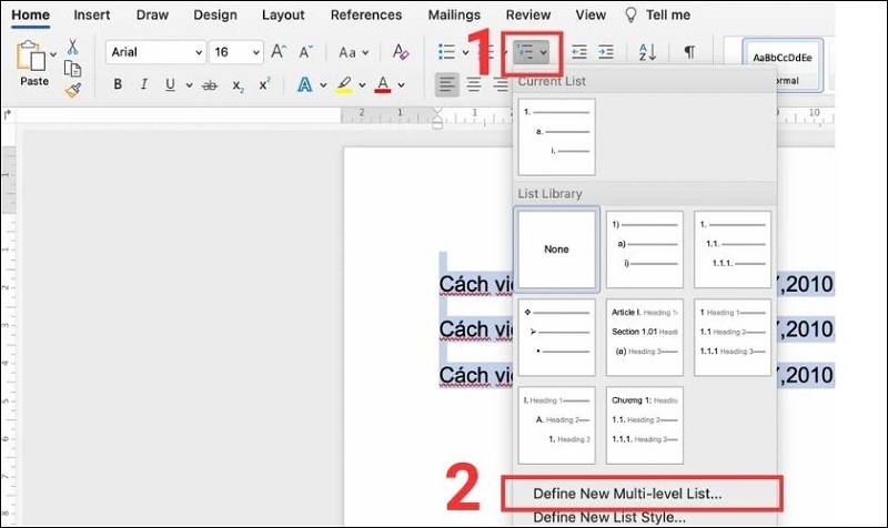 Chọn vào dòng chữ Define New Multilevel List...