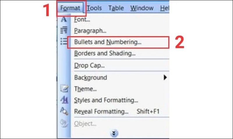 Chọn vào mục Bullet and Numbering