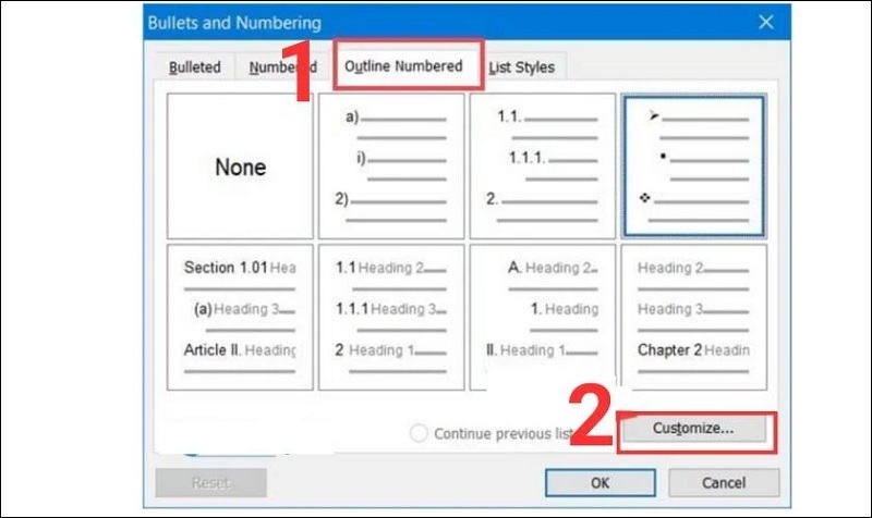 Chọn vào mục Outline Numbered