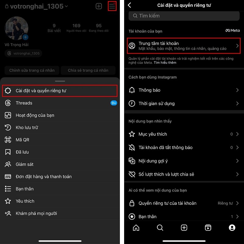 Chọn mục Trung tâm tài khoản