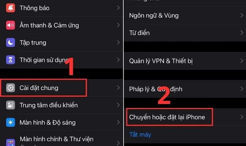 Nhấn vào dòng chữ Chuyển hoặc đặt lại iPhone