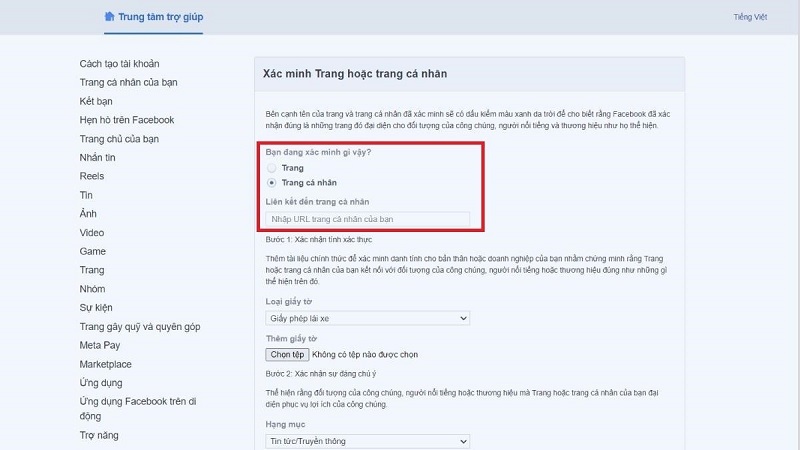 Chọn vào mục Trang cá nhân