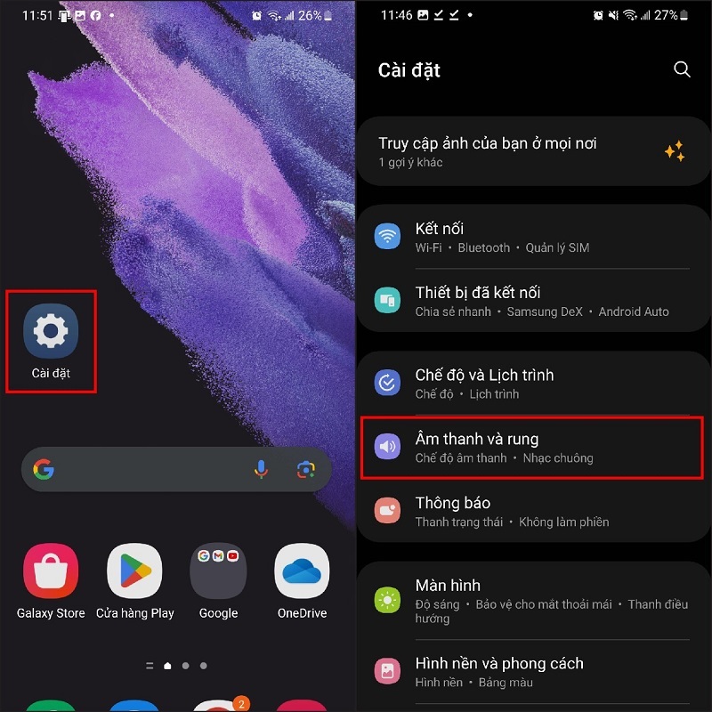 Chọn vào mục Âm thanh và rung