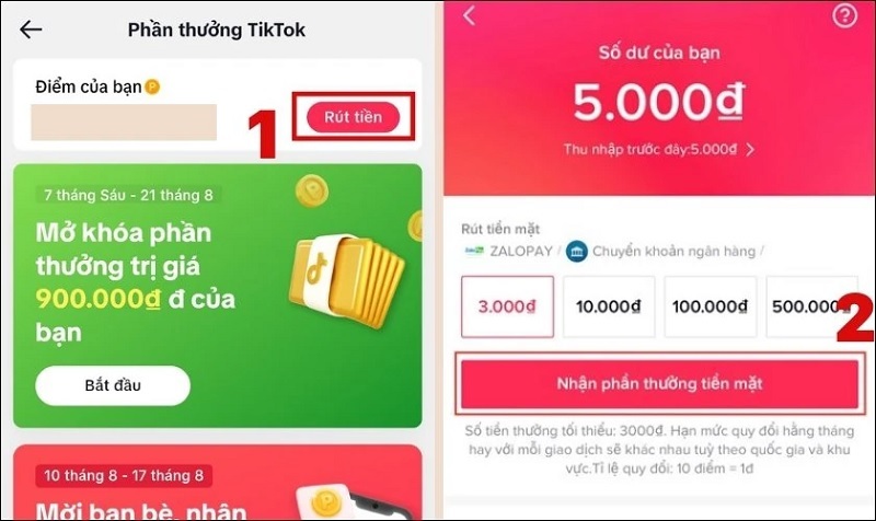 Chọn vào dòng chữ Nhận phần thưởng tiền mặt