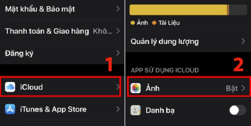 Chọn mục iCloud và chọn Ảnh