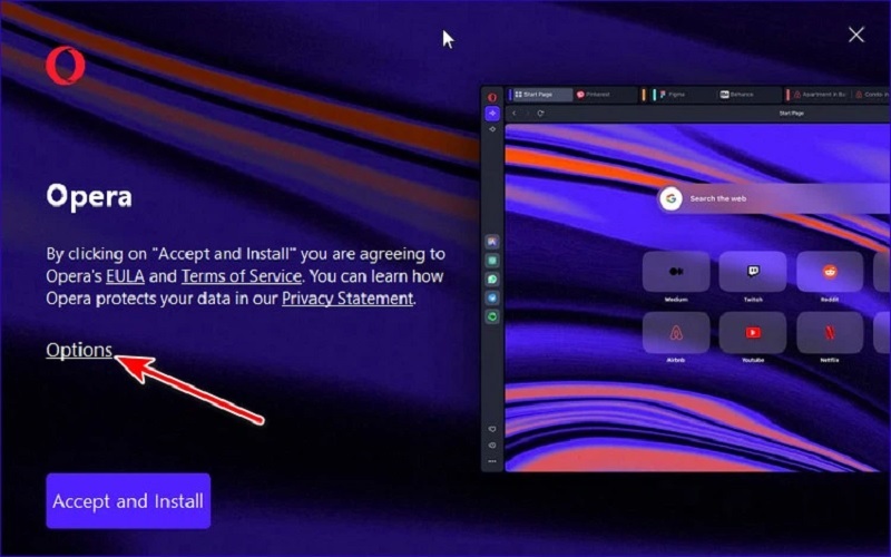 Nhấn vào liên kết Options