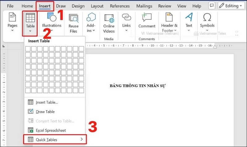 Chọn Quick Table...