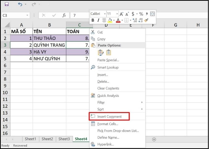 Chọn mục Insert Comment