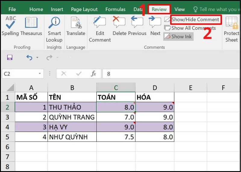 Chọn mục Show/Hide Comment