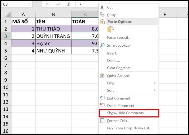 Chọn Show/Hide Comments