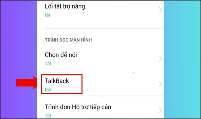 Chọn vào mục TalkBack
