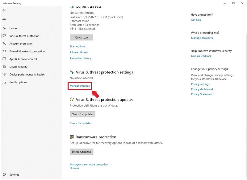 Chọn Manage settings