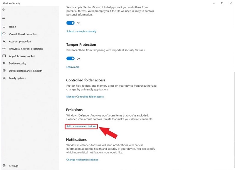 Chọn Add or remove exclusions
